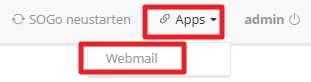 UI-Screenshot: Menüpunkt Apps mit Dropdown; Option Webmail sichtbar.