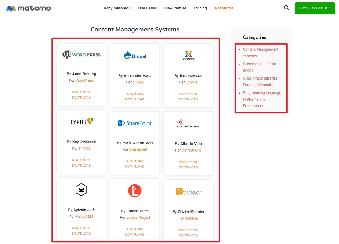 Screenshot einer Webseite mit Content Management Systems; Raster aus WordPress, Drupal, Joomla, TYPO3, SharePoint-Logos.