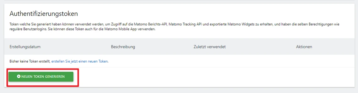 Screenshot einer Token-Verwaltungsseite mit Titel Authentifizierungstoken und grünem Button NEUEN TOKEN GENERIEREN.