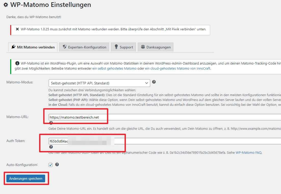 Screenshot der WP-Matomo-Einstellungen: Modus, Matomo-URL, Auth-Token, Speichern-Button.
