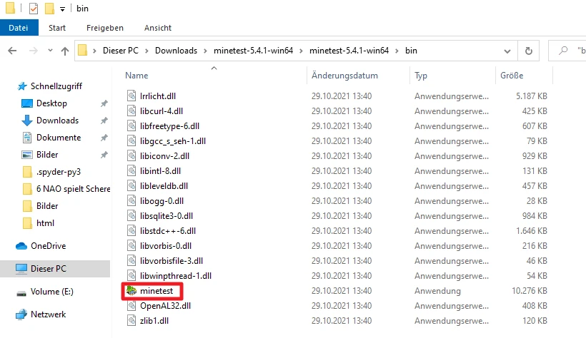 Windows-Explorer im Ordner bin, Liste von DLL-Dateien; hervorgehobene Datei 'minetest'.
