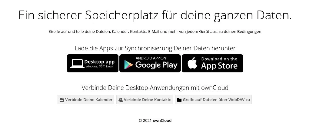 ownCloud-Landing: Überschrift, Download-Badges (Desktop, Google Play, App Store) und Verbindungsoptionen.