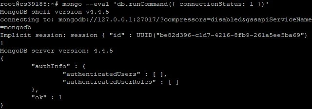 Terminal: MongoDB-Shell-Ausgabe mit Verbindung zu localhost:27017, Server-Version 4.4.5, ok: 1