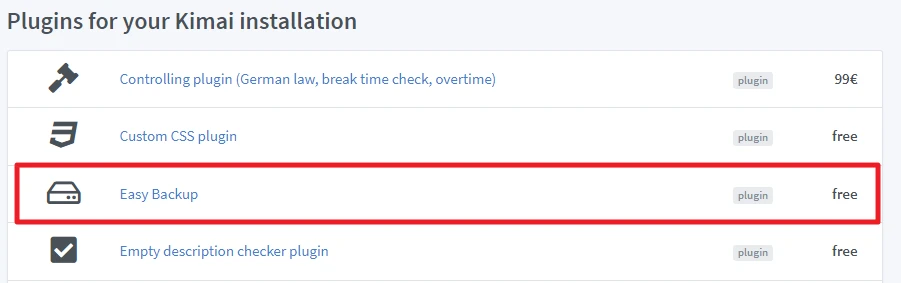 Plugins-Liste für Kimai-Installation; Controlling plugin, Custom CSS plugin, Easy Backup, Empty description checker plugin.