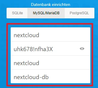 UI zur Datenbankerstellung mit rotem Rahmen; Felder zeigen: nextcloud, uhk678!nfha3X (Augen), nextcloud, nextcloud-db.