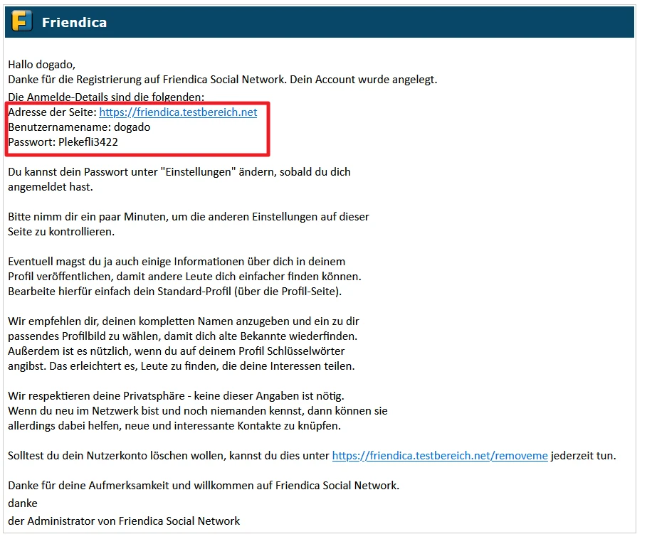 Screenshot einer Willkommensseite von Frienda; roter Rahmen um die Zeile 'Adresse der Seite: https://...net'.
