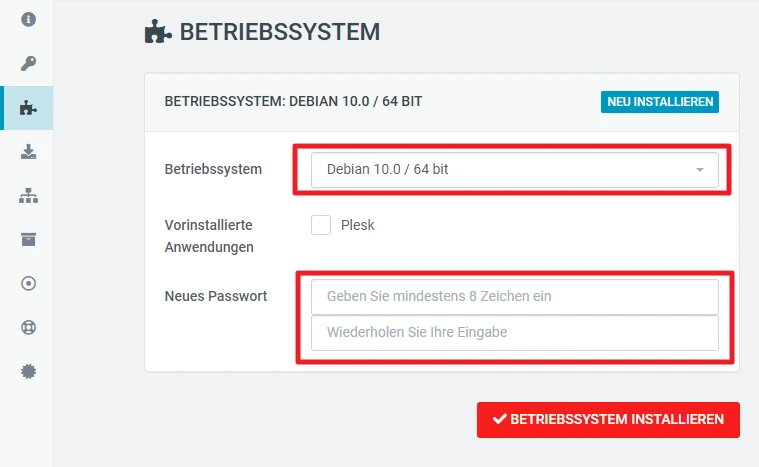 Installationsoberfläche: Debian 10.0/64 Bit, Passwort- und Bestätigungsfelder, Plesk-Checkbox, roter Installieren-Button.