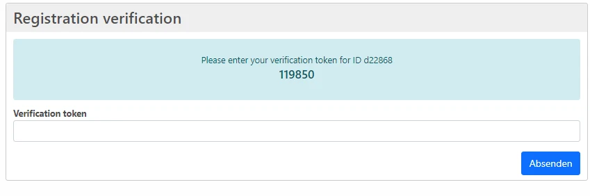 Registration verification: blauer Hinweisbereich mit Zahl 119850, Textfeld 'Verification token' und Absenden-Button.