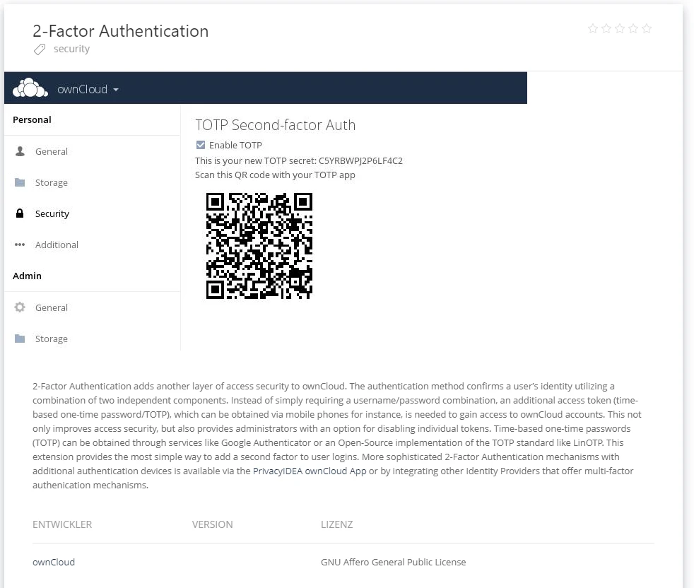Screenshot einer ownCloud-Seite zur 2-Faktor-Authentifizierung, links Navigationsmenü, mittig QR-Code, darunter Textabschnitte.