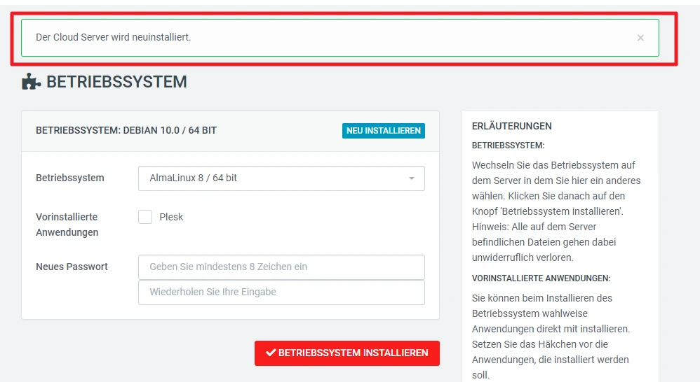 Meldung: 'Der Cloud Server wird neu installiert.' UI mit Betriebssystemauswahl und Installieren-Button.