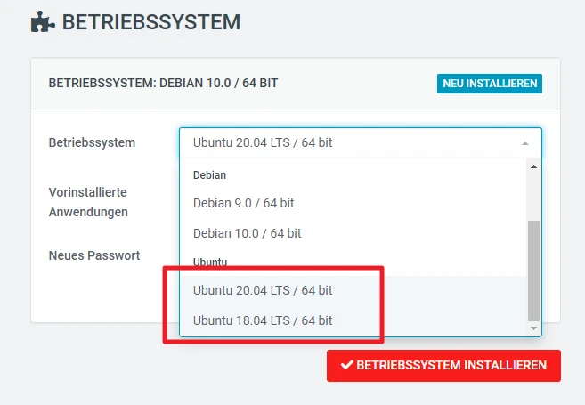 UI mit linkem Menü; Debian 10.0/64 Bit, Dropdown mit Ubuntu 20.04/64 Bit und Ubuntu 18.04/64 Bit, roter Installieren-Button.