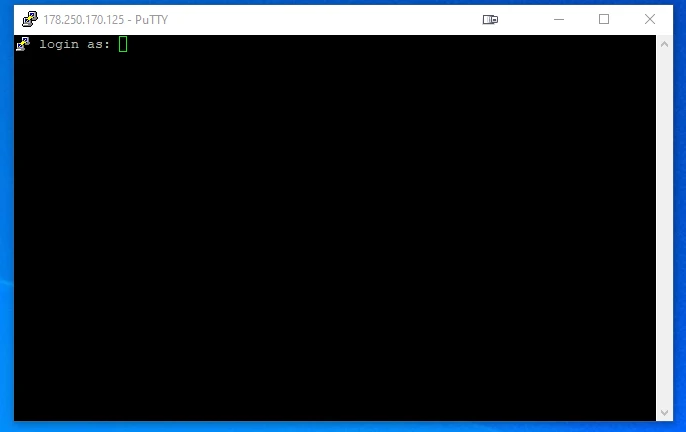 PuTTY-Terminalfenster auf schwarzem Bildschirm; grüner 'login as:'-Prompt links oben.