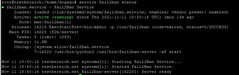 Schwarzes Terminal mit mehrzeiligem Output: Befehl 'service fail2ban status' und aktive Systemd-Statuszeilen, inkl. PID.
