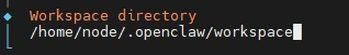 Terminalfenster mit zwei Zeilen: 'Workspace directory' und dem Pfad '/home/node/.openclaw/workspace' mit Cursor am Ende.