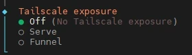 Code-Editor-Oberfläche mit Tailscale-Exposure-Optionen: Off (No Tailscale exposure), Serve, Funnel.