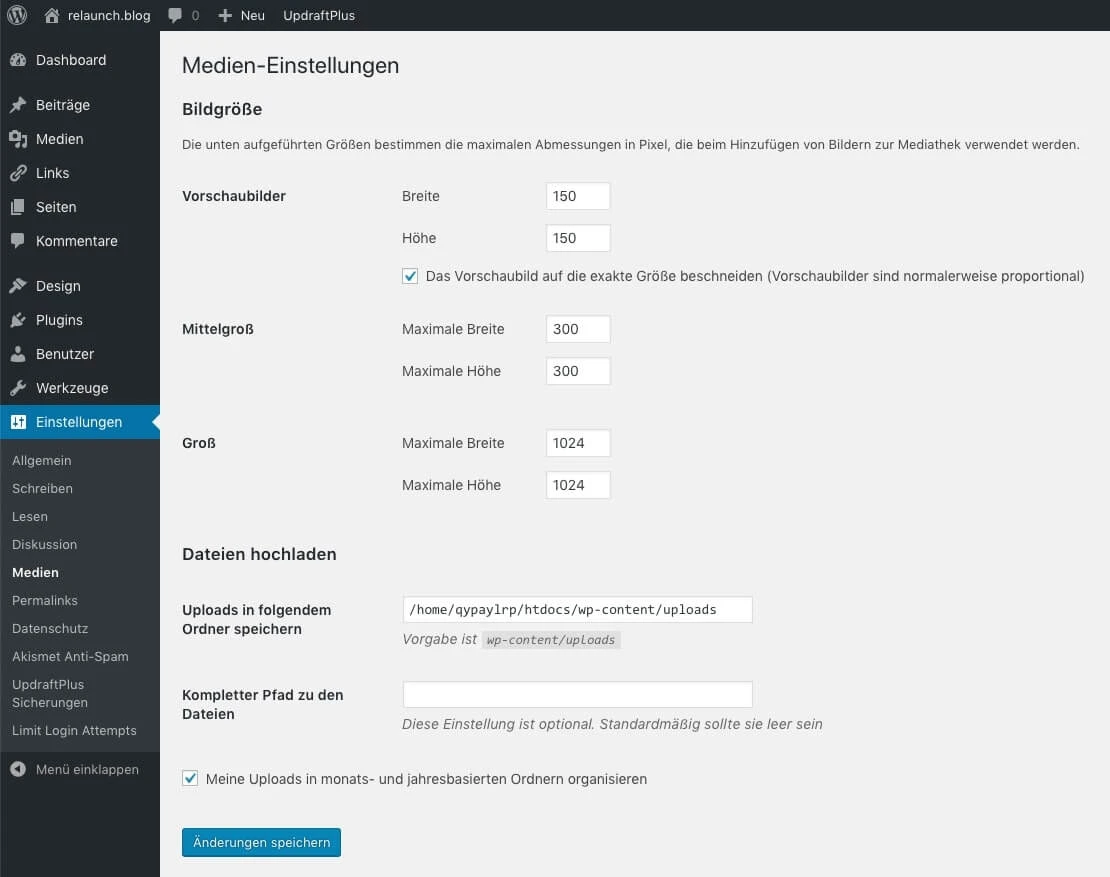 Einstellungen für Medien in WordPress
