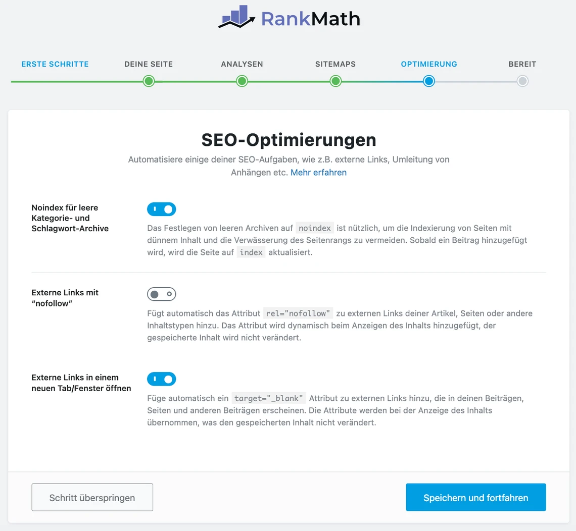 Rank Math Einrichtungsassistent: SEO Aufgaben automatisieren