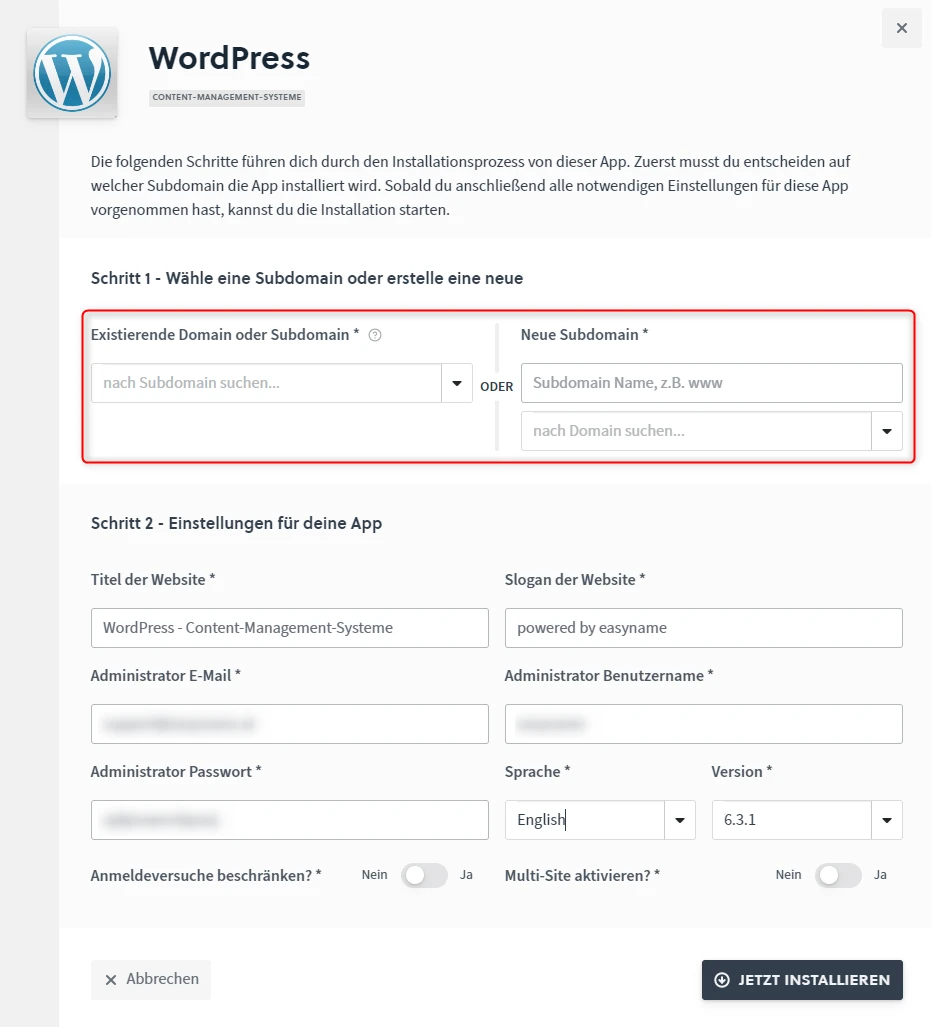 WordPress-Installationsfenster mit Logo links, Felder für Domain/Subdomain und neue Subdomain.