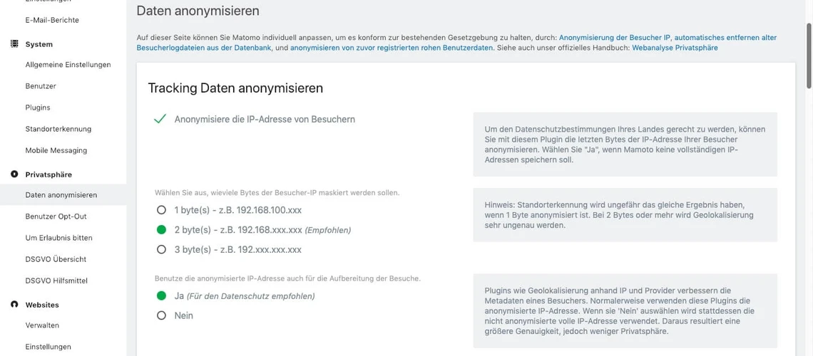 Anonymisierungseinstellungen in Matomo