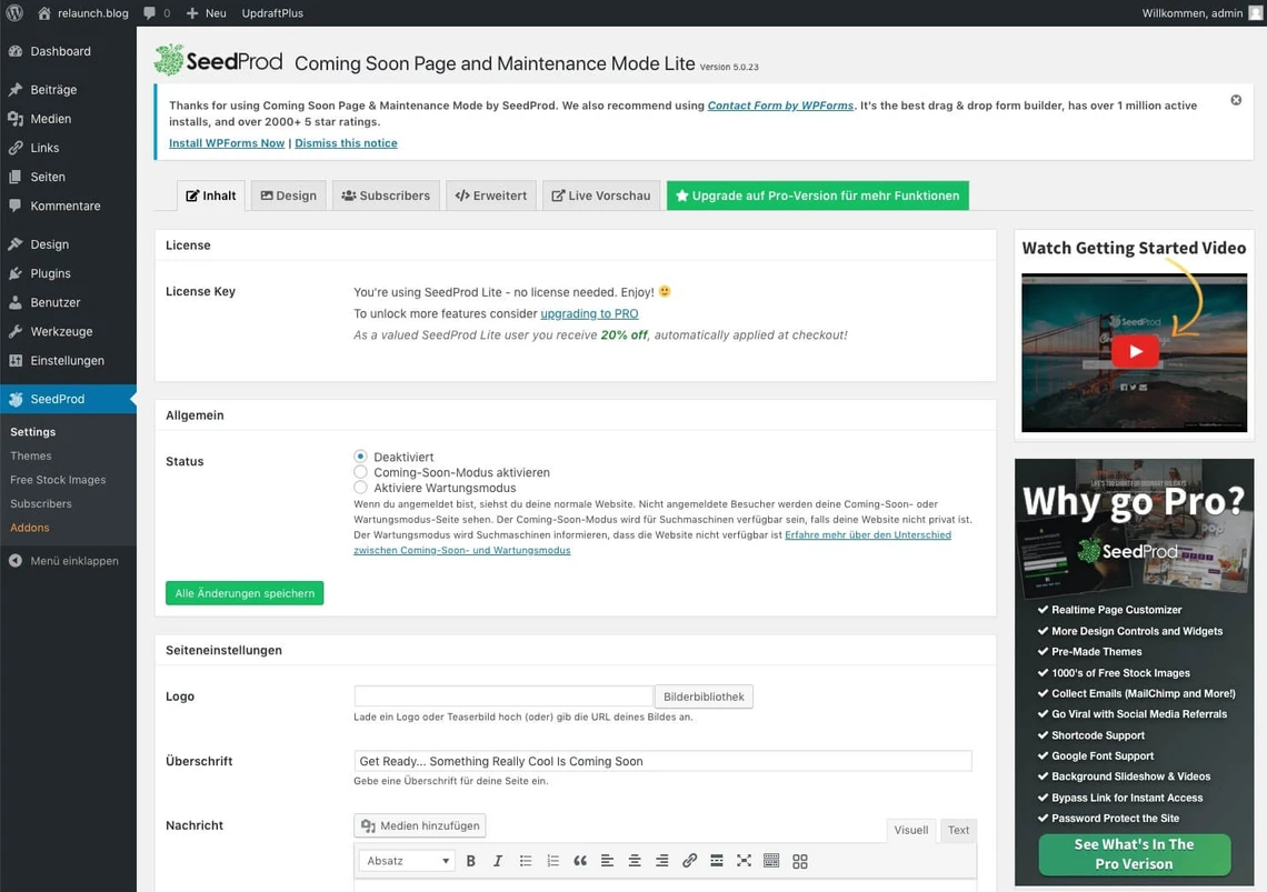 Screenshot des WordPress-Adminbereichs mit SeedProd-Einstellungen, Lizenzfeld und rechter Seitenleiste mit Videos.