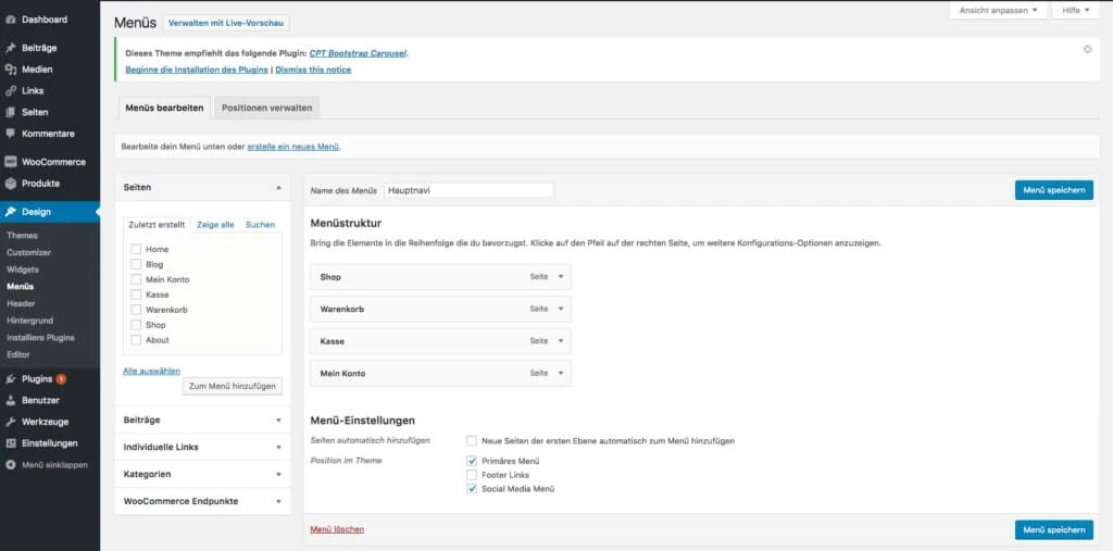 Läuft genau wie die Anpassung der WordPress-Navigation: Die Einrichtung der Menüpunkte deines neuen Shops.