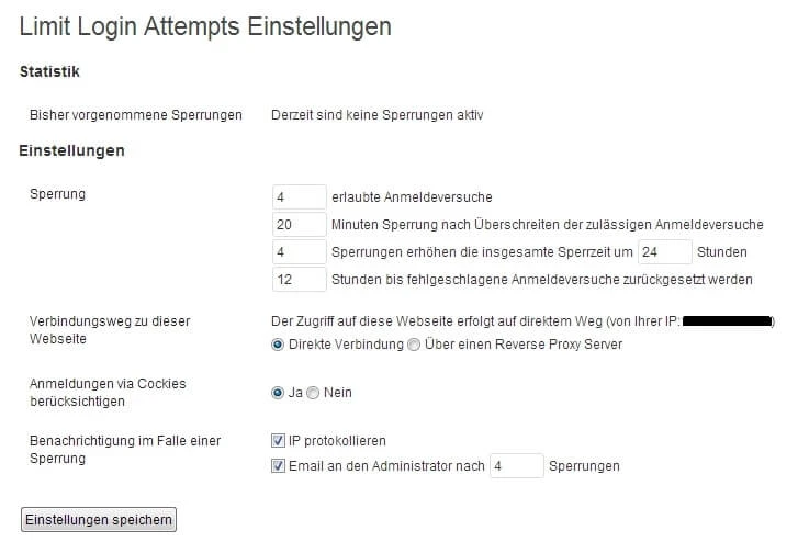 Screenshot einer Einstellungsseite Limit Login Attempts mit Feldern zu Sperrungen, Zeiten, Verbindungsweg; Button 'Einstellungen speichern'.