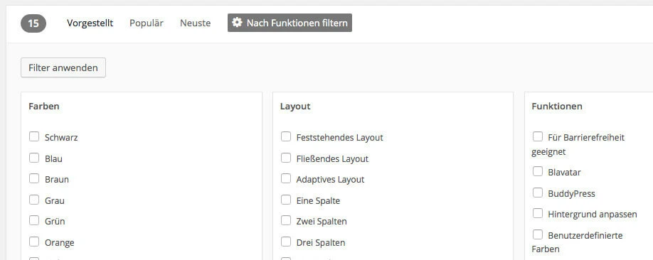 Filterfunktion für Themes Screenshot WordPress-Backend
