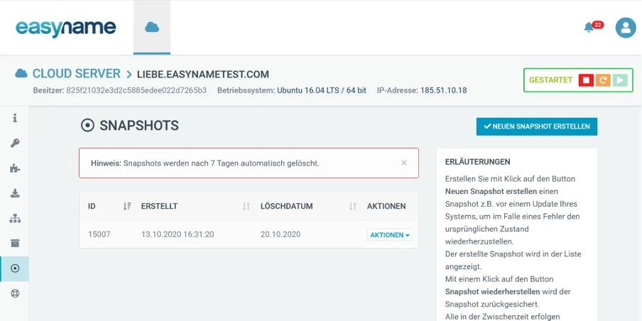 Screenshot der easyname-Weboberfläche mit SNAPSHOTS; Tabelle mit einer Zeile (ID 15007), erstellt 13.10.2020.