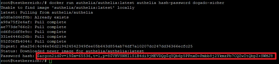 Terminal: Docker-Pull von authelia/authelia:latest; Digest: sha256:..., Status: Downloaded; Passwort-Hash: argon2id$...