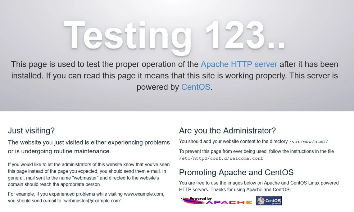 Webseite mit grauem Hintergrund, Testing 123.., Text; links Just visiting? und rechts Are you the Administrator?