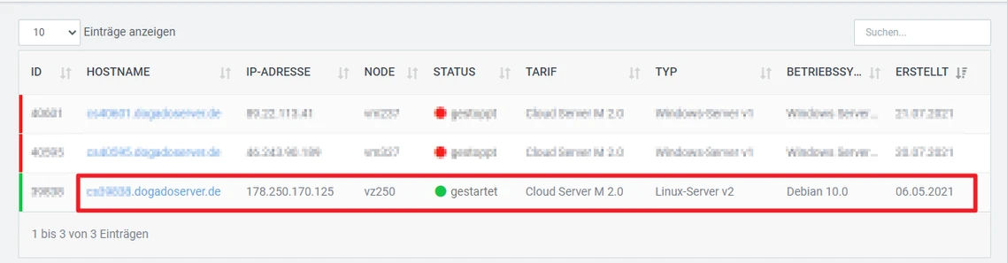 Tabellenansicht mit drei Zeilen; Spalten: ID, HOSTNAME, IP-ADRESSE, NODE, STATUS, TARIF, TYP, ERSTELLT; eine Zeile ist markiert.
