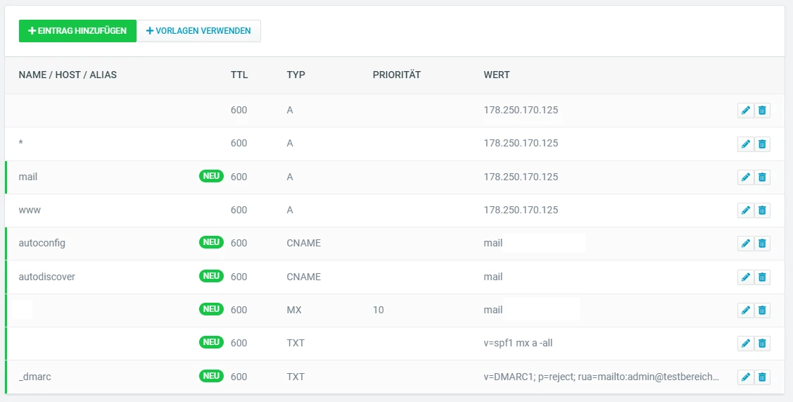 DNS-Verwaltung: Tabelle mit Einträgen wie mail, www; TTL 600, Typ A, IP 178.250.170.125; Bearbeiten.