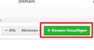 Grüner Button mit weißem Pluszeichen und Text Domain hinzufügen in grauer Leiste; roter Rand um den Button.