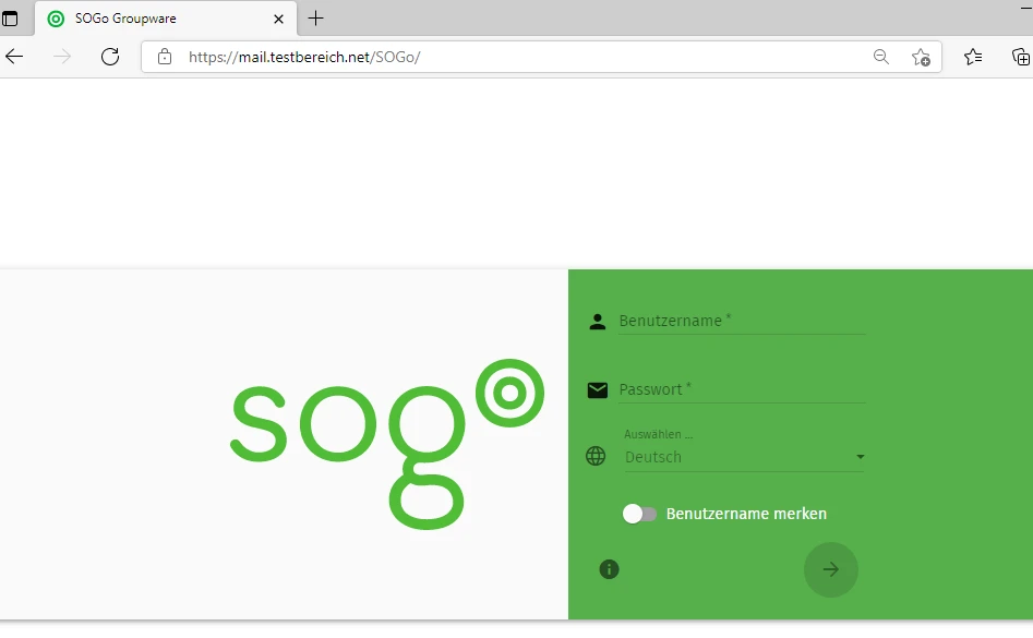 Weiße Fläche links mit grünem sog-Logo; rechts grünes Login-Fenster mit Feldern Benutzername und Passwort, Sprache Deutsch.