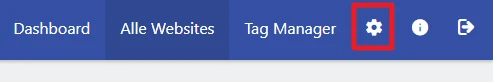 Obere blaue Navigationsleiste mit den Menüpunkten Dashboard, Alle Websites, Tag Manager und einem Zahnradsymbol.