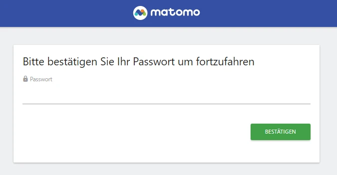 Matomo-Anmeldeseite: blauer Kopfbereich, weiße Karte mit Passwort-Eingabe und grünem BESTÄTIGEN-Button.