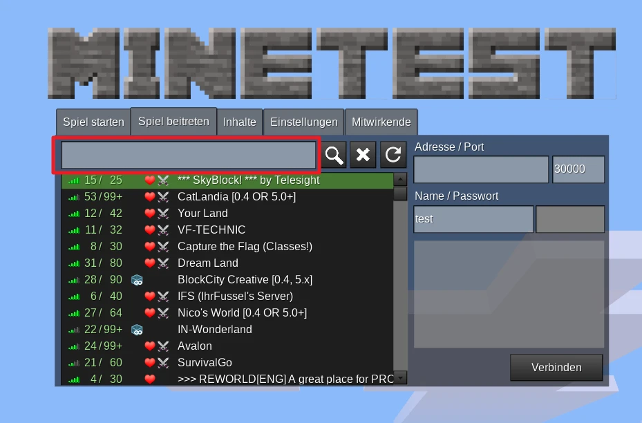 MINETEST-Logo über blauem Hintergrund; UI mit Tabs, Suchfeld und Serverliste links; Adresse-/Namensfelder rechts, Verbinden.