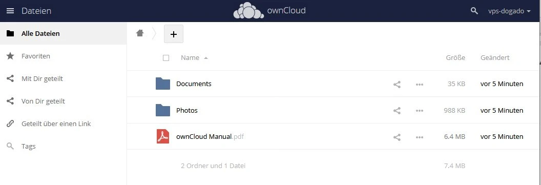 ownCloud-Dateibereich: linke Sidebar; mittig Ordner Documents, Photos und PDF 'ownCloud Manual.pdf'