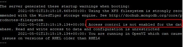 Schwarzes Terminal mit weißen Monospace-Zeilen; u. a. 'Access control is not enabled for the data base.'