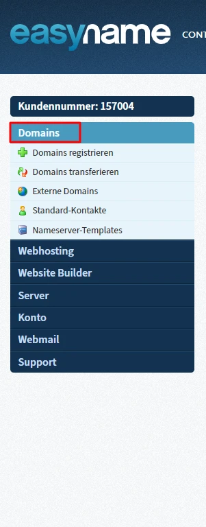 Screenshot einer Domain-Verwaltungsoberfläche: easyname-Logo, Kundennummer 157004, Domains- und Webhosting-Menüs.