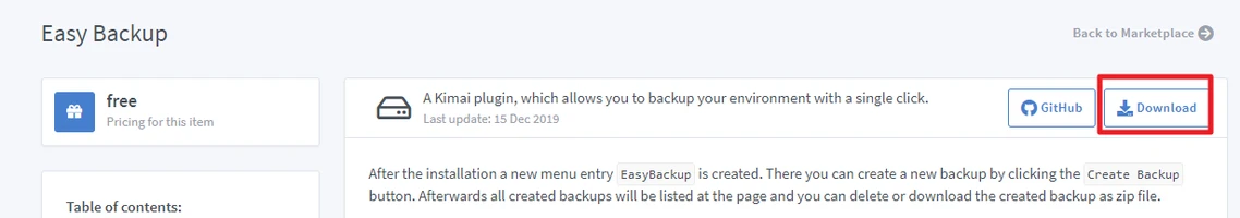 Marketplace-Seite Easy Backup mit blauem Download-Button rechts, Badge links, zentrale Karte mit Plugin-Beschreibung