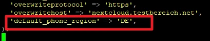 Code-Schnipsel eines PHP-Arrays; sichtbar ist die Zeile 'default_phone_region' => 'DE'.