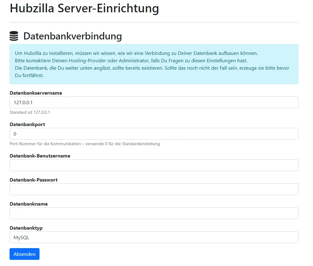 Hubzilla-Servereinrichtung: Formular zur Datenbankverbindung (Host 127.0.0.1, Port 0, Typ MySQL) und Absenden-Button.