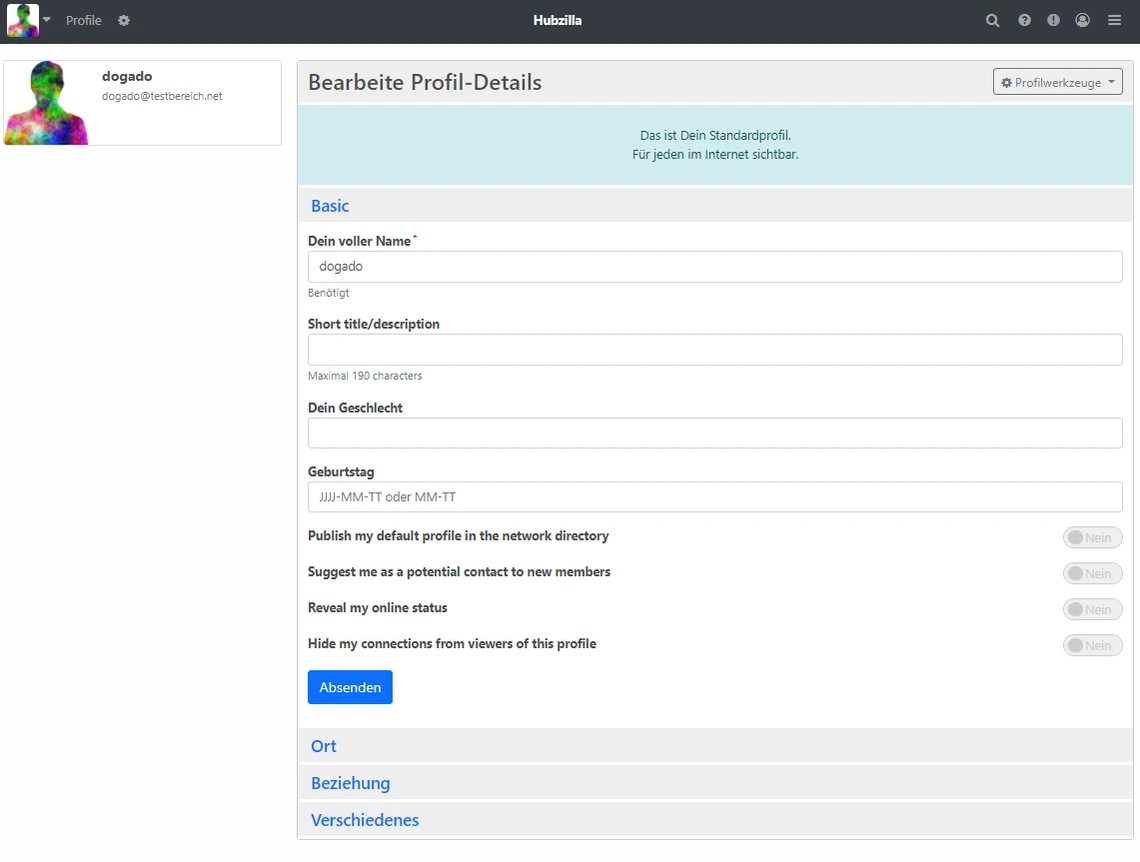 Screenshot einer Profilbearbeitung: Profilbild links, Felder wie Name, Titel/Beschr., Geburtstag; Bearbeite Profil-Details.