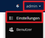 Dunkles Admin-Dashboard: Kopfbereich mit 'admin' und Pfeil; seitliches Menü mit Icons, 'Einstellungen' und 'Benutzer'.