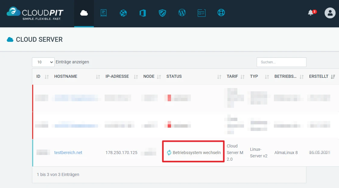 Screenshot einer Cloud-Server-Verwaltungsoberfläche: Tabelle mit Serverdaten und hervorgehobenem Button 'Betriebssystem wechseln'.