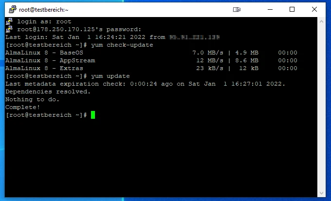 Terminalfenster mit schwarzem Hintergrund; Root-Prompt, zeigt 'yum check-update' und 'yum update'.