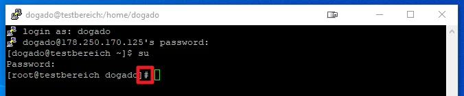 Screenshot eines Windows-Terminalfensters mit Login- und Password-Eingabe; Textzeile 'login as: dogado', 'Password:'.