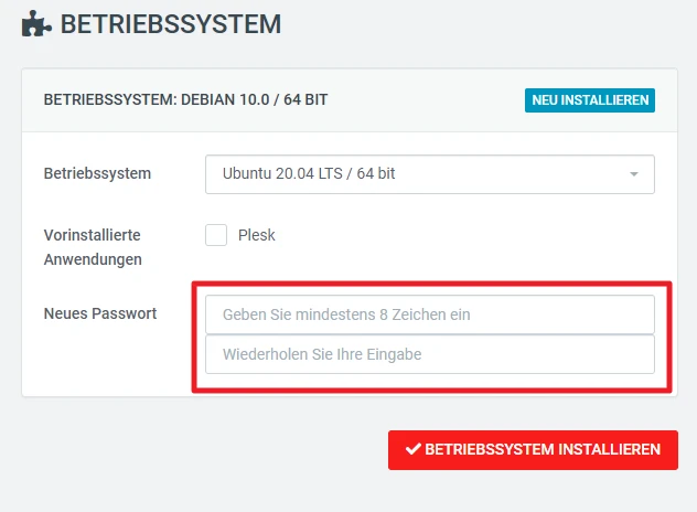 Installationsdialog mit OS-Auswahl (Ubuntu 20.04 LTS / 64 Bit), roter Rahmen um Passwortfelder, Installieren-Button.