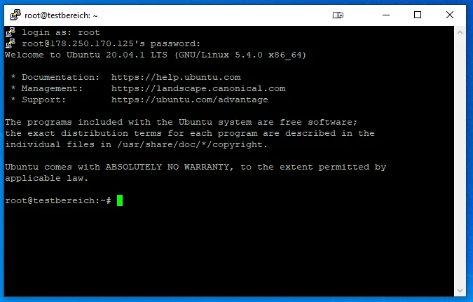 Schwarzes Terminalfenster mit weißem Text; Login als root und Ubuntu-Willkommensmeldungen, Prompt root@testbereich:~#